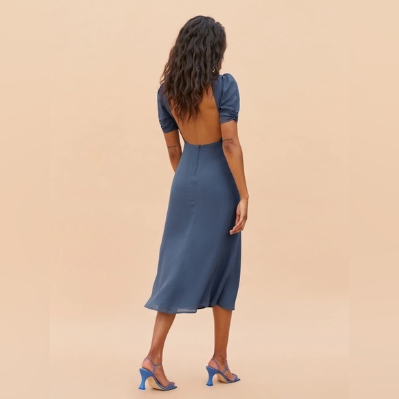 NWT Reformation Short Sleeve Midi Dusk Dress in Dusty Blue, Women's 0 - Picture 7 of 9